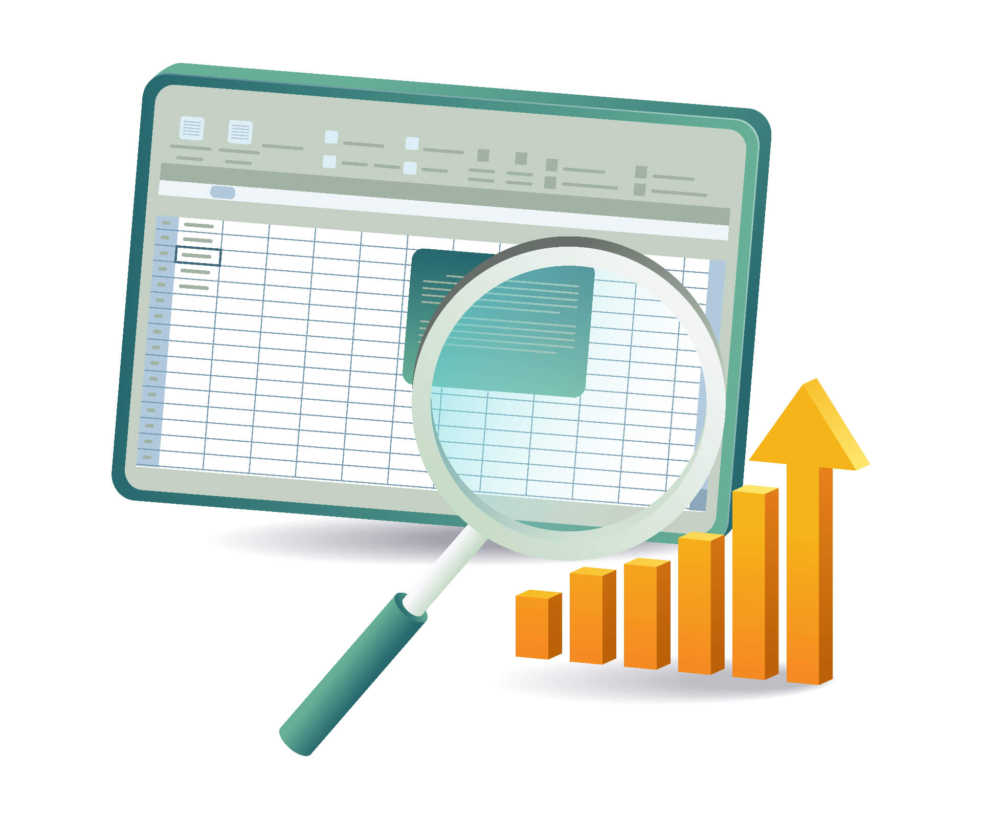 Ilustración de Excel con datos y gráficos de barras indicando crecimiento